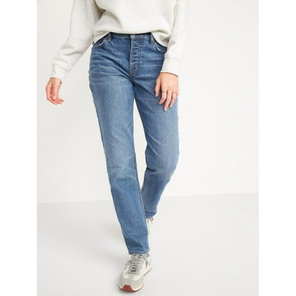 Old Navy High Rise Slouchy Straight Jeans Medium Wash Women's Sz 16 + Free Gift